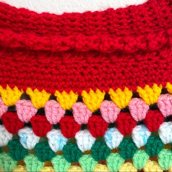 Handmade Crochet Granny Square Rainbow Daisy Sweater Vest Mock Neck Red Trim - Picture 3 of 7